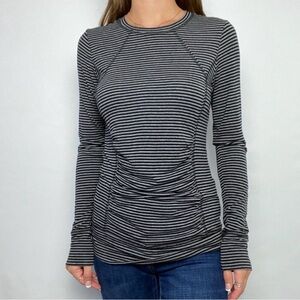 CAbi 795 Gray Black Stripes Ruched Front Long Sleeve Jersey Knit Top Large Shirt